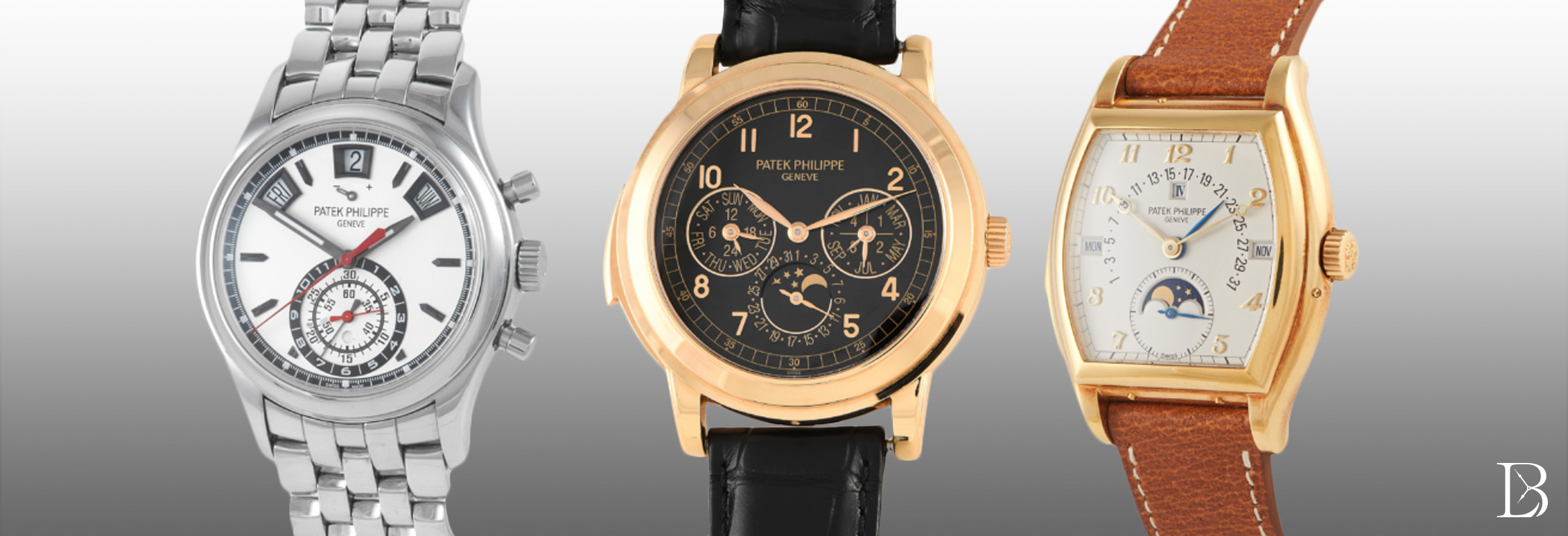 Patek Philippe annual calendar chronograph from the Complications collection and two pieces from the Grand Complications collection